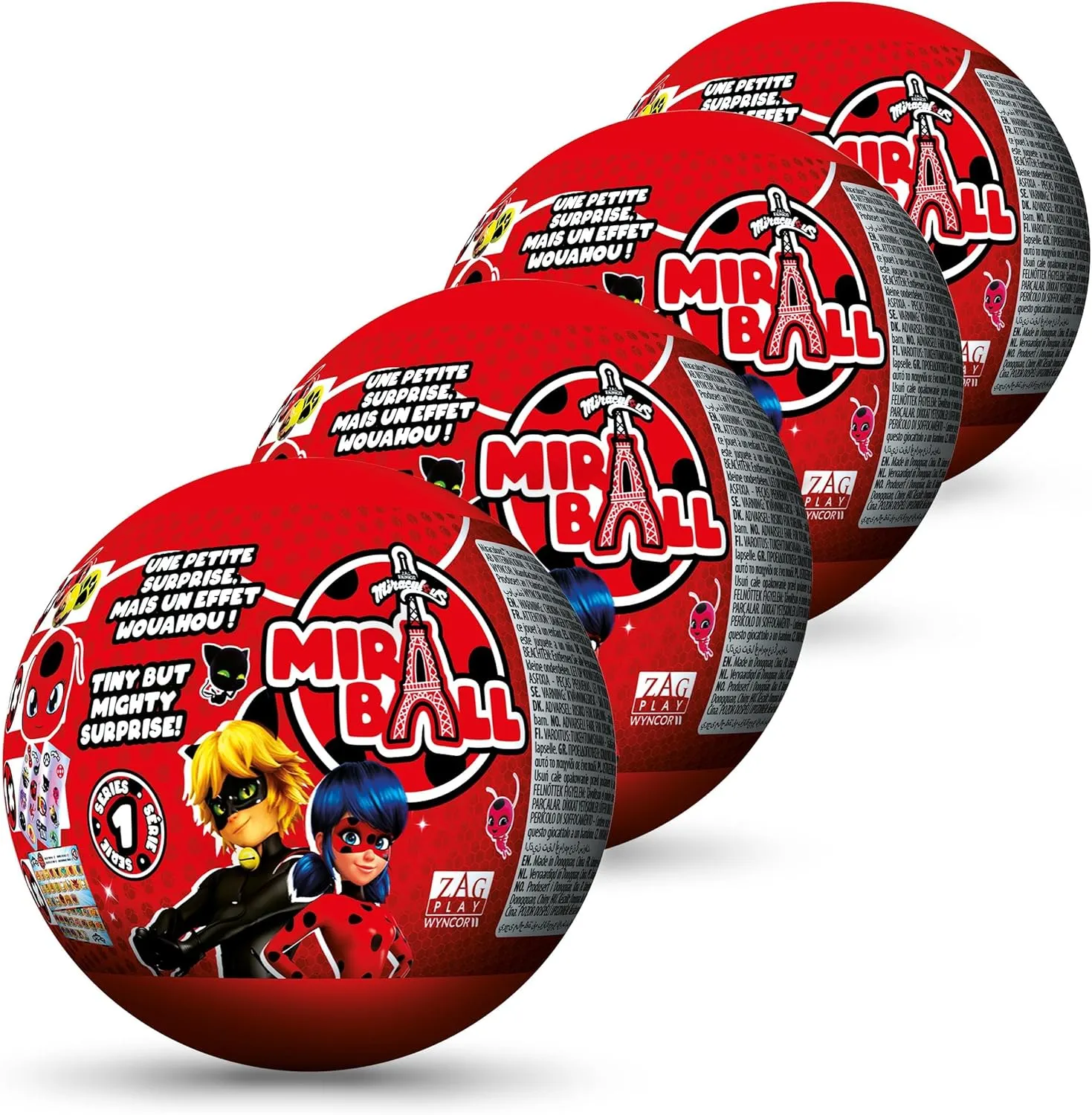 Miraculous Ladybug, 4-1 Surprise Miraball, Toys for Kids with Collectible Character Metal Ball, Kwami Plush, Glittery Stickers and White Ribbon (Wyncor)
