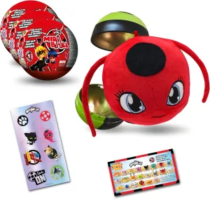 Miraculous Ladybug, 4-1 Surprise Miraball, Toys for Kids with Collectible Character Metal Ball, Kwami Plush, Glittery Stickers and White Ribbon (Wyncor)