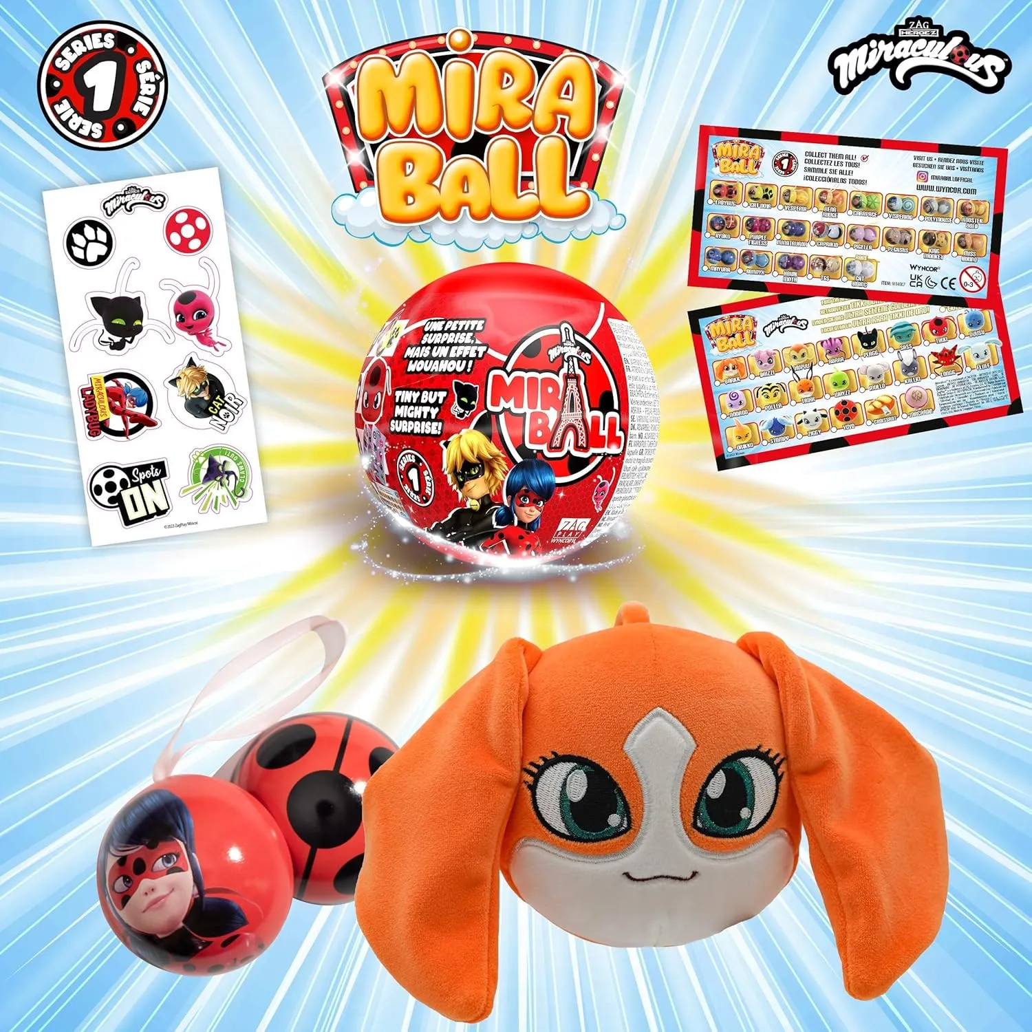 Miraculous Ladybug, 4-1 Surprise Miraball, Toys for Kids with Collectible Character Metal Ball, Kwami Plush, Glittery Stickers and White Ribbon (Wyncor)