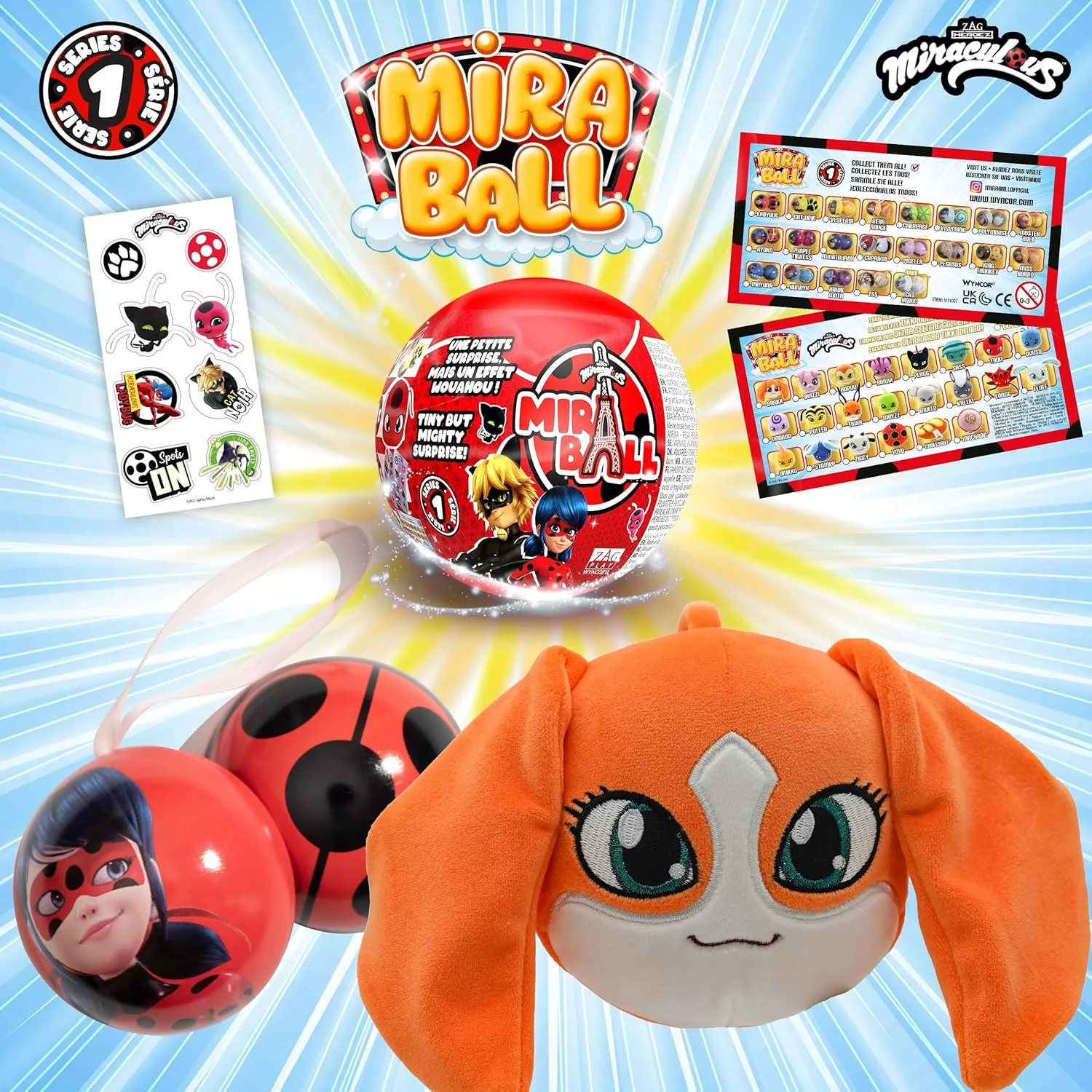Miraculous Ladybug, 4-1 Surprise Miraball, Toys for Kids with Collectible Character Metal Ball, Kwami Plush, Glittery Stickers and White Ribbon (Wyncor)