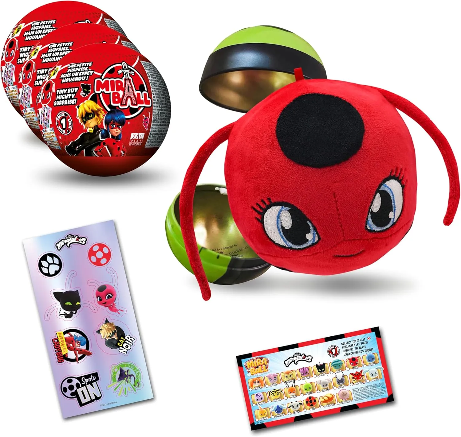 Miraculous Ladybug, 4-1 Surprise Miraball, Toys for Kids with Collectible Character Metal Ball, Kwami Plush, Glittery Stickers and White Ribbon (Wyncor)