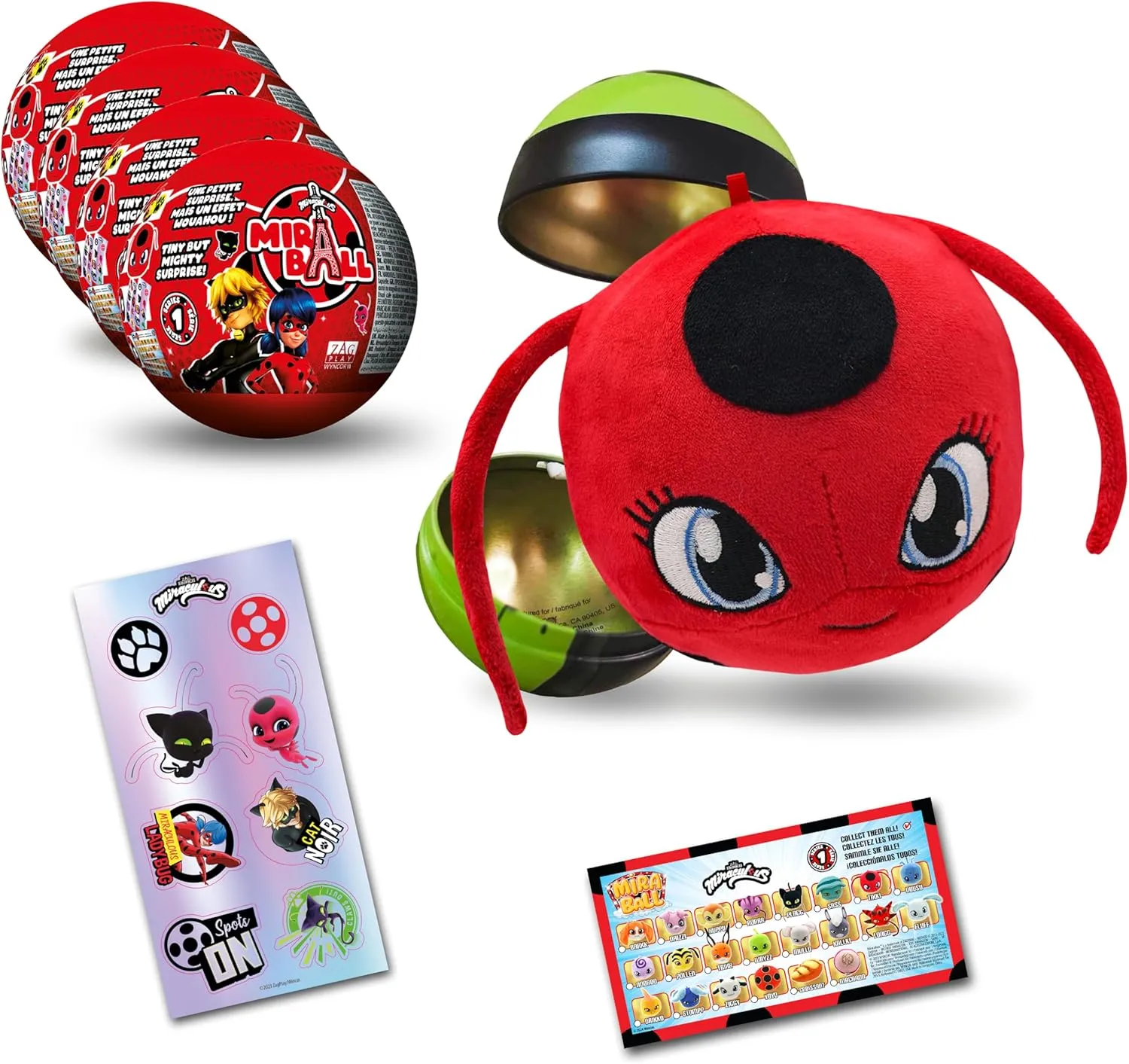 Miraculous Ladybug, 4-1 Surprise Miraball, Toys for Kids with Collectible Character Metal Ball, Kwami Plush, Glittery Stickers and White Ribbon (Wyncor)