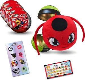 Miraculous Ladybug, 4-1 Surprise Miraball, Toys for Kids with Collectible Character Metal Ball, Kwami Plush, Glittery Stickers and White Ribbon (Wyncor)