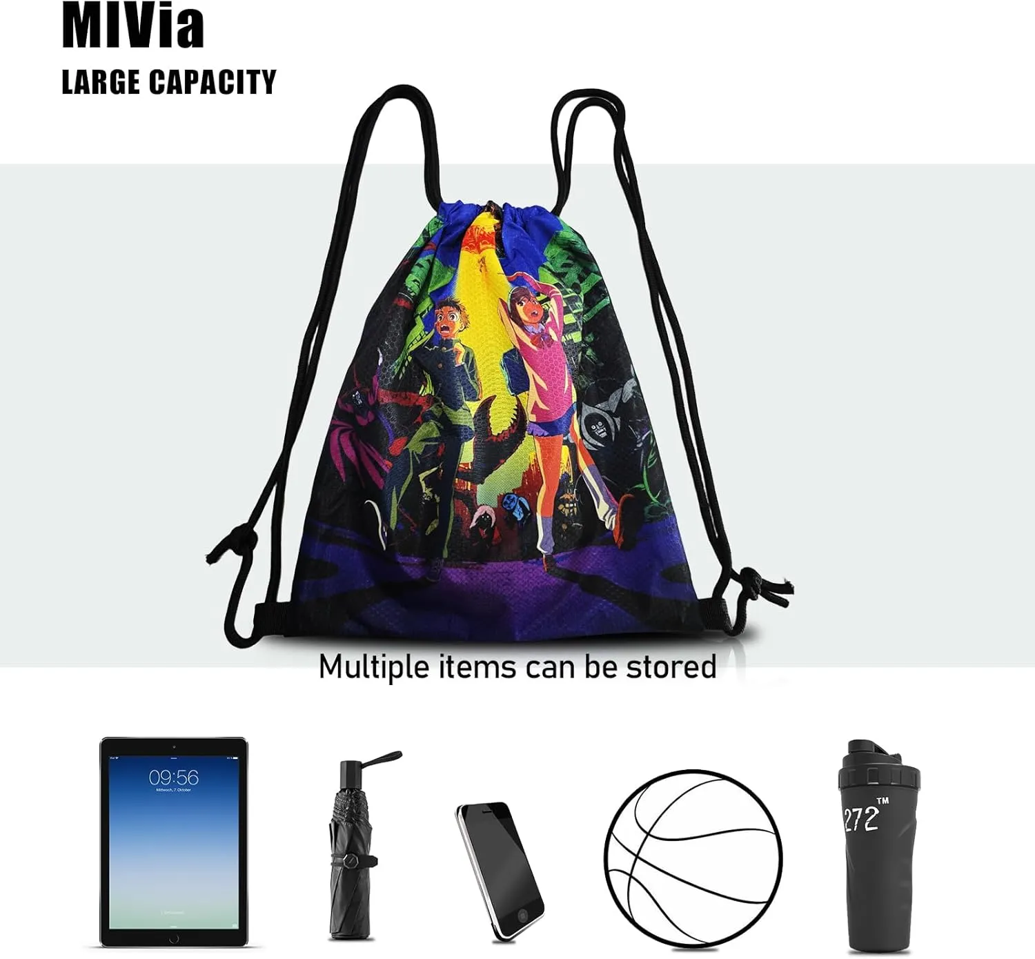 MIVia Drawstring Backpack For Men (33.5 * 44cm) Large Size Anime Drawstring Sackpack Funny Gym Bag Sports Bag Cartoon String Bag suitable for Gym Yoga Travel