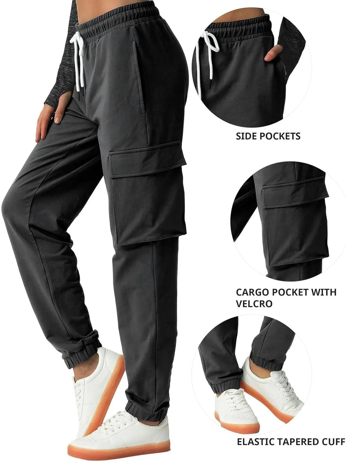 Miyaomn Women's Cargo Sweatpants Tapered Elastic Waist Drawstring Athletic Joggers 4 Pockets Gym Running Activewear Trousers