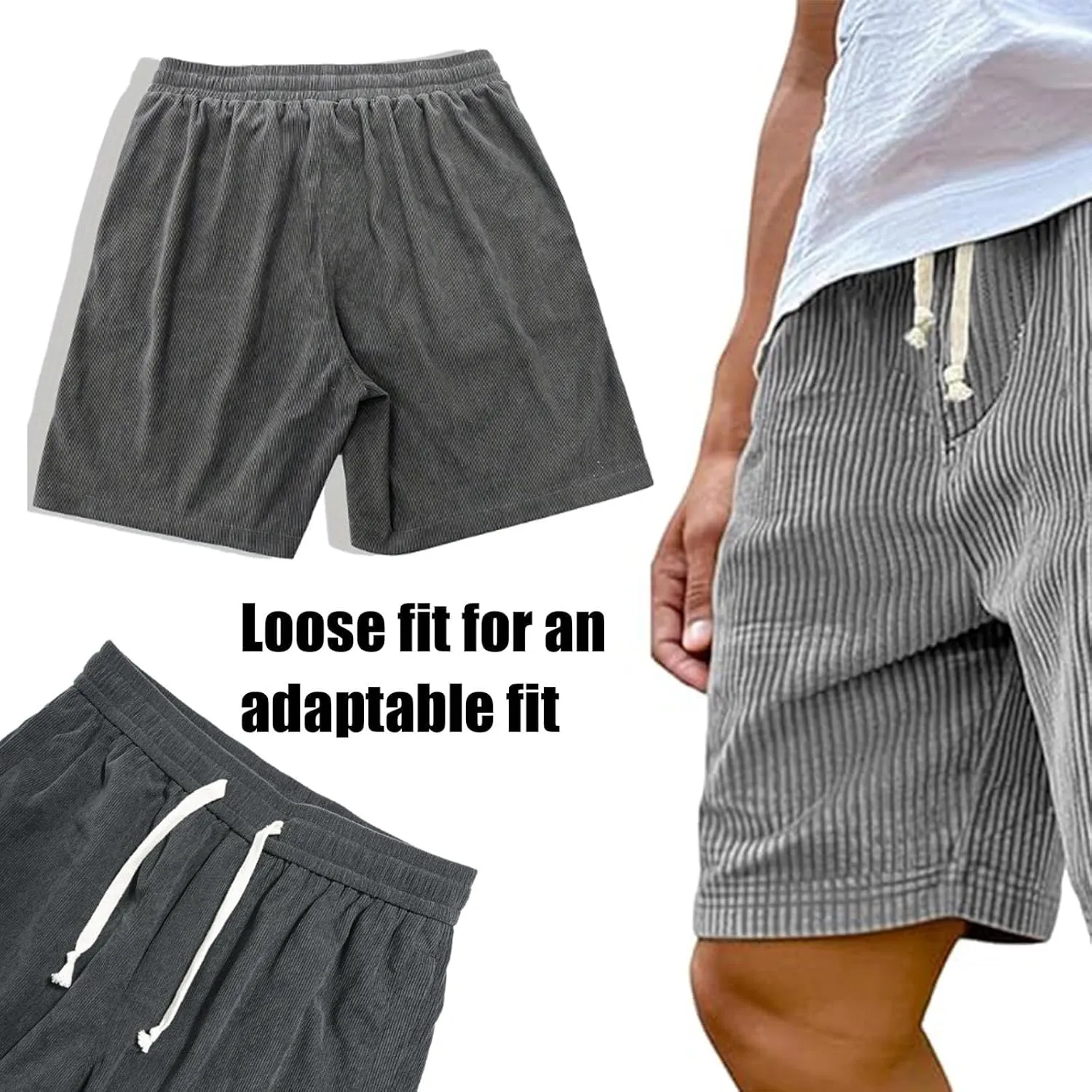 Mokaloha Mens Shorts, Casual Corduroy Drawstring Elastic Waist Shorts, Lightweight Summer Loose Fit Beach Short