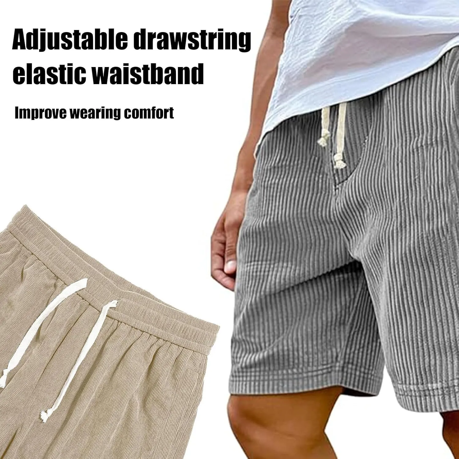 Mokaloha Mens Shorts, Casual Corduroy Drawstring Elastic Waist Shorts, Lightweight Summer Loose Fit Beach Short
