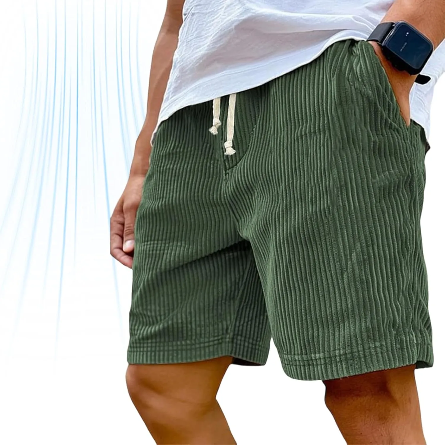 Mokaloha Mens Shorts, Casual Corduroy Drawstring Elastic Waist Shorts, Lightweight Summer Loose Fit Beach Short