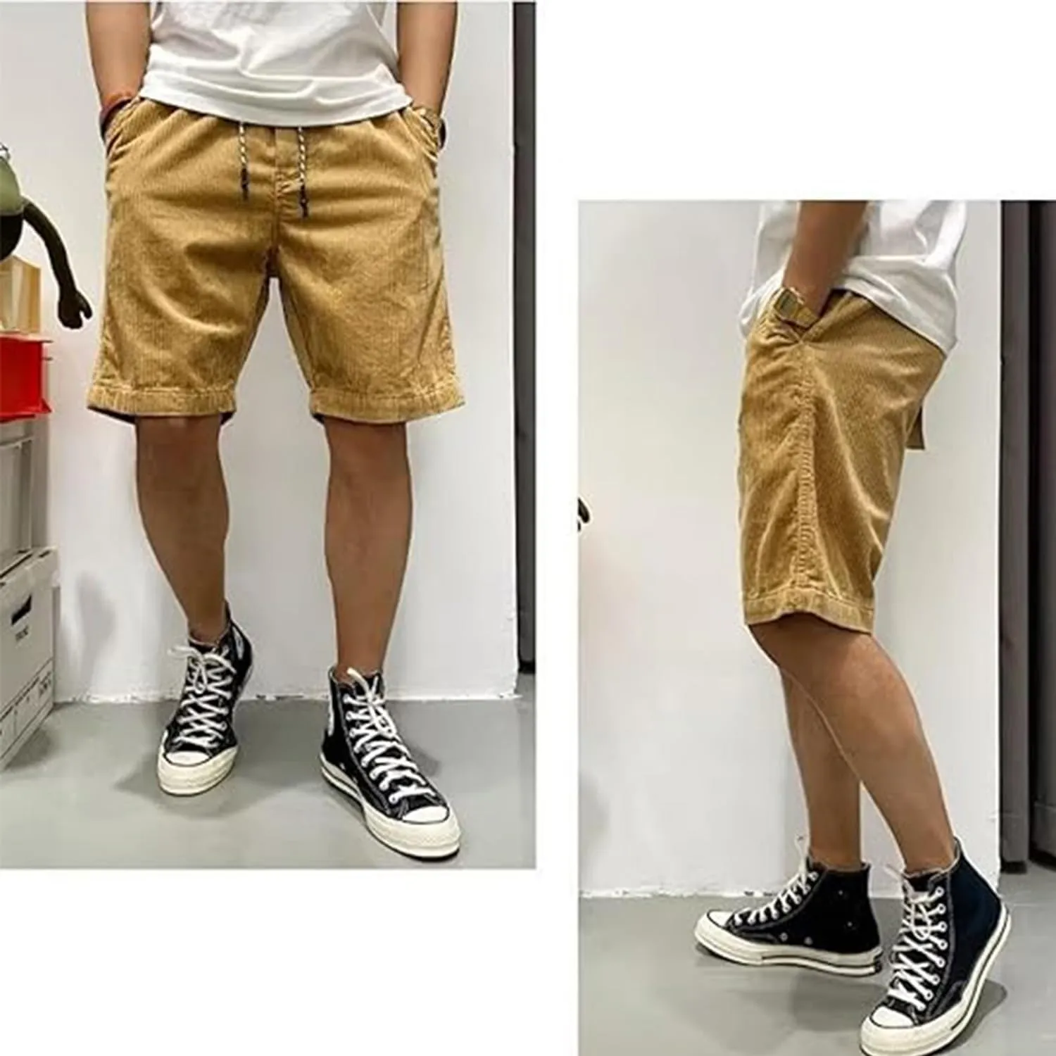 Mokaloha Mens Shorts, Casual Corduroy Drawstring Elastic Waist Shorts, Lightweight Summer Loose Fit Beach Short