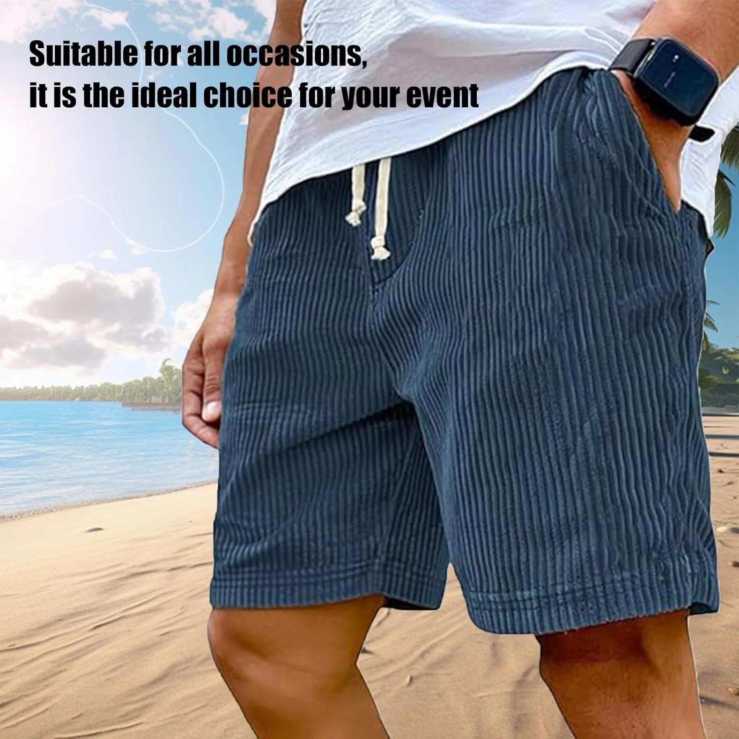 Mokaloha Mens Shorts, Casual Corduroy Drawstring Elastic Waist Shorts, Lightweight Summer Loose Fit Beach Short