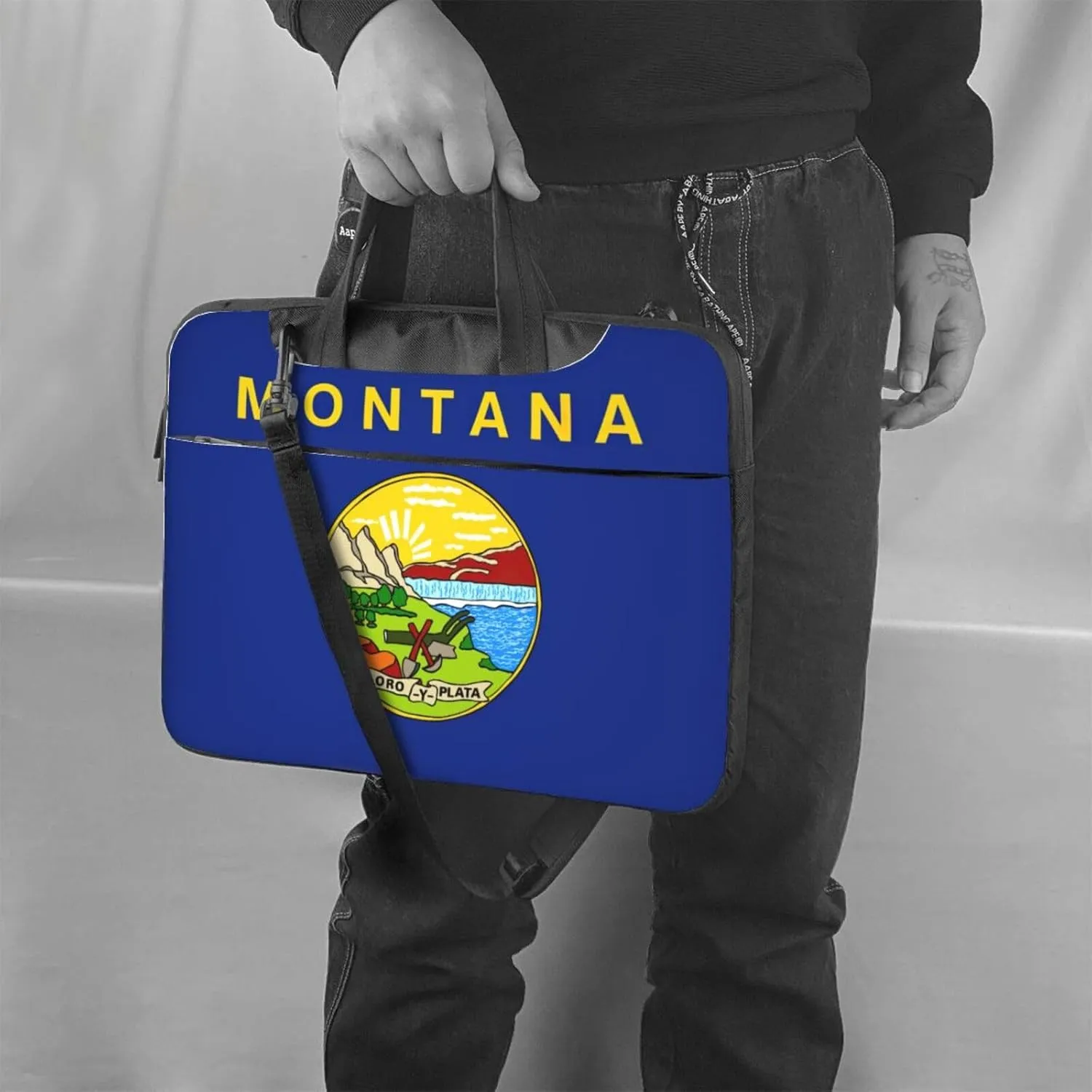 Montana State Flag Print Laptop Adjustable Shoulder Strap With Handle Accessory Pocket For Men Women