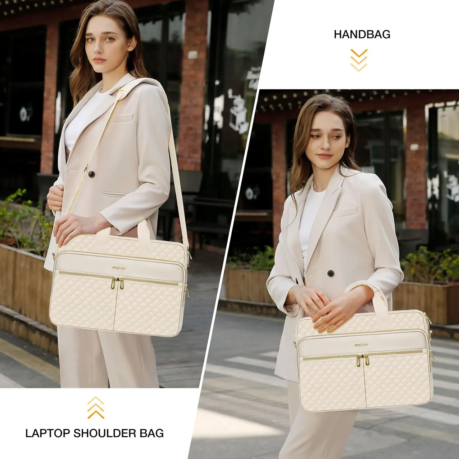 MOSISO 13-13.3 inch Laptop Bag, Briefcase for Women&Men, 14 inch Square Quilted Computer Messenger Bag Office Travel Business with 3 Pockets&Strap, Beige