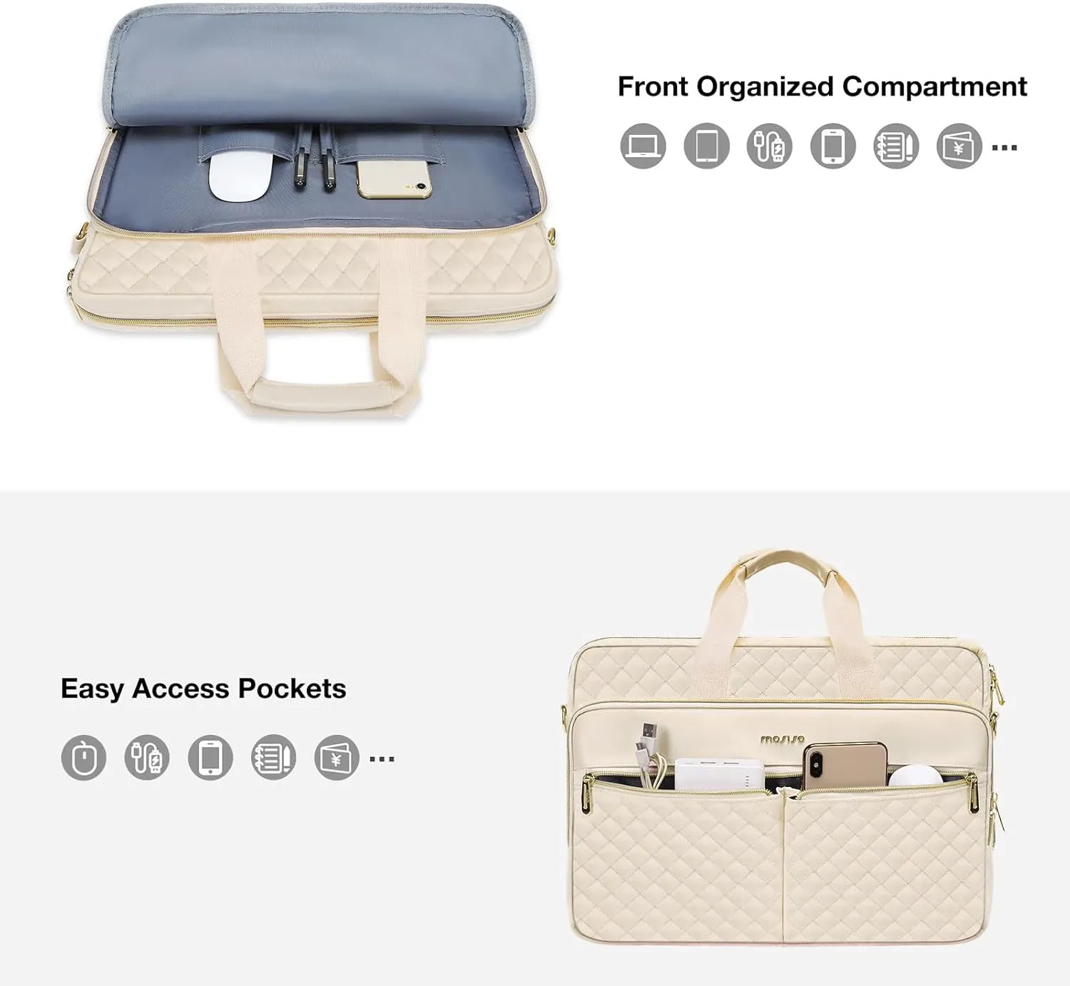 MOSISO 13-13.3 inch Laptop Bag, Briefcase for Women&Men, 14 inch Square Quilted Computer Messenger Bag Office Travel Business with 3 Pockets&Strap, Beige