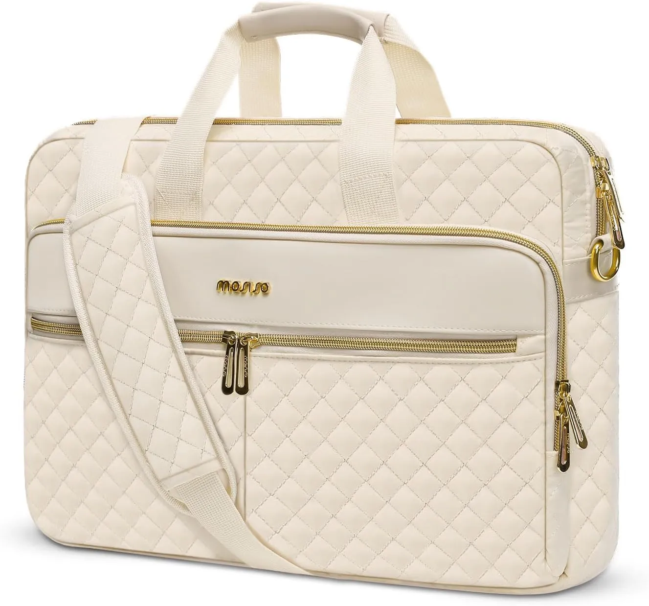 MOSISO 13-13.3 inch Laptop Bag, Briefcase for Women&Men, 14 inch Square Quilted Computer Messenger Bag Office Travel Business with 3 Pockets&Strap, Beige
