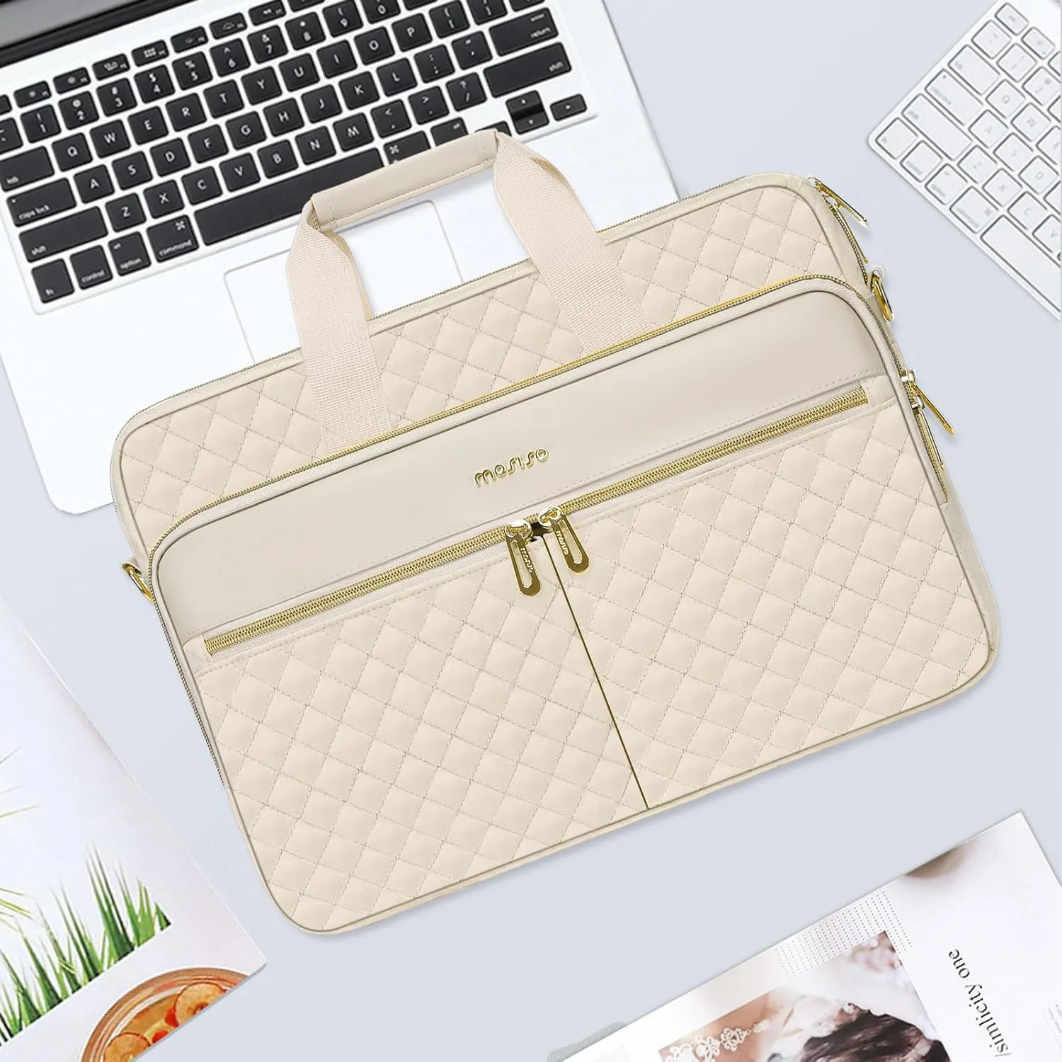 MOSISO 15-15.6 inch Laptop Bag, Briefcase for Women&Men, 16 inch Square Quilted Computer Messenger Bag Office Travel Business with 3 Pockets&Strap, Beige