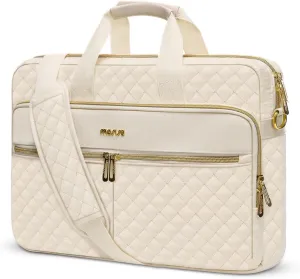MOSISO 15-15.6 inch Laptop Bag, Briefcase for Women&Men, 16 inch Square Quilted Computer Messenger Bag Office Travel Business with 3 Pockets&Strap, Beige