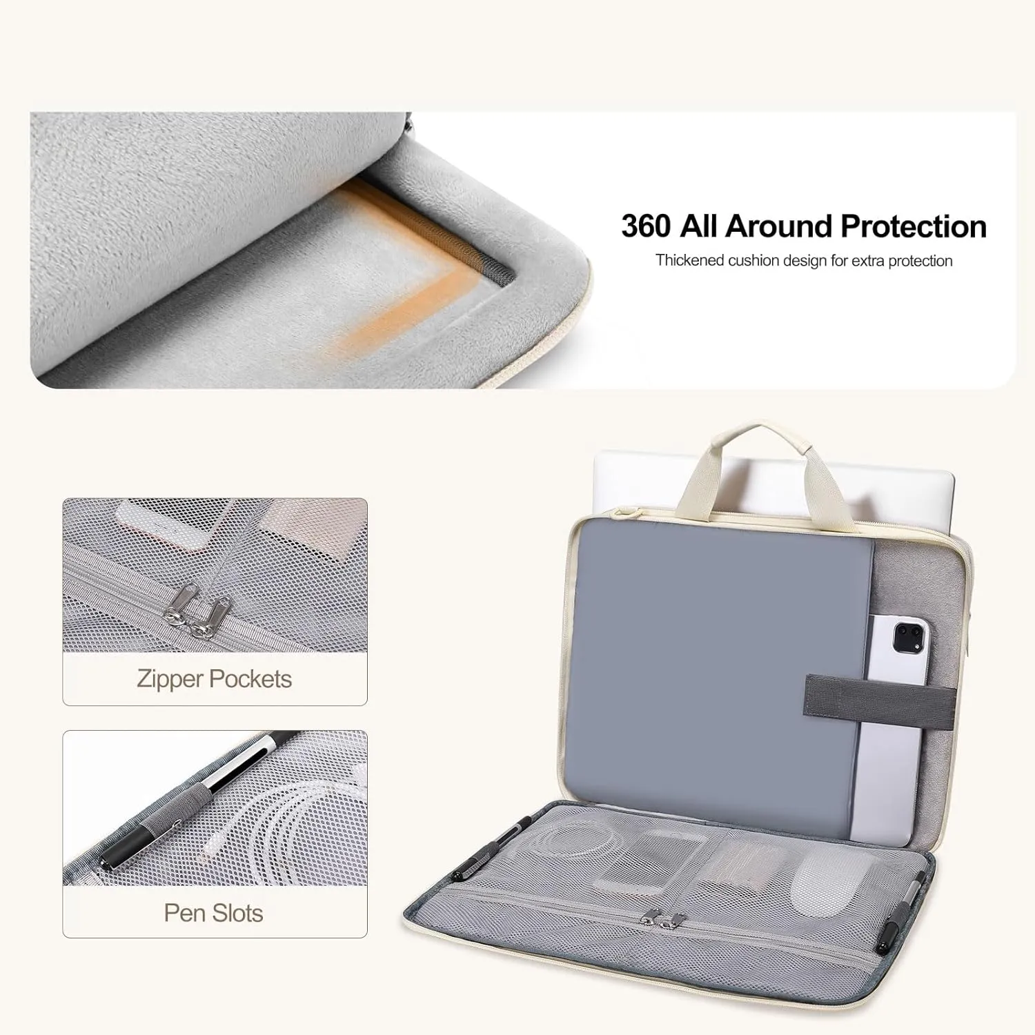 MOSISO 360 Protective Laptop Shoulder Bag, 15-15.6 inch Double Layer Fluffy Padded Laptop Bag with Anti-theft Zipper Compatible with MacBook Pro 16 inch, HP, Dell, Lenovo, Asus Notebook, Sand