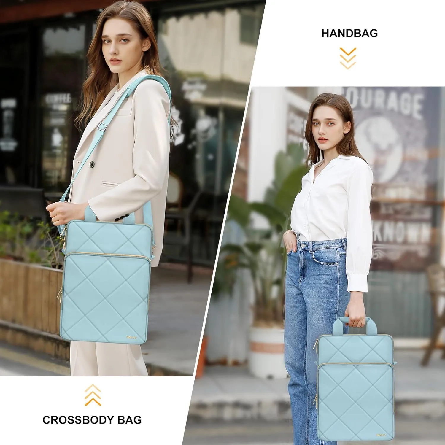 MOSISO Vertical Laptop Shoulder Bag,15-15.6 inch Computer Bag Compatible with MacBook 16 inch, HP, Dell, Lenovo, Asus Notebook,Rhombus Quilted Messenger Bag with Front Pocket&Handle&Belt, Ice Blue