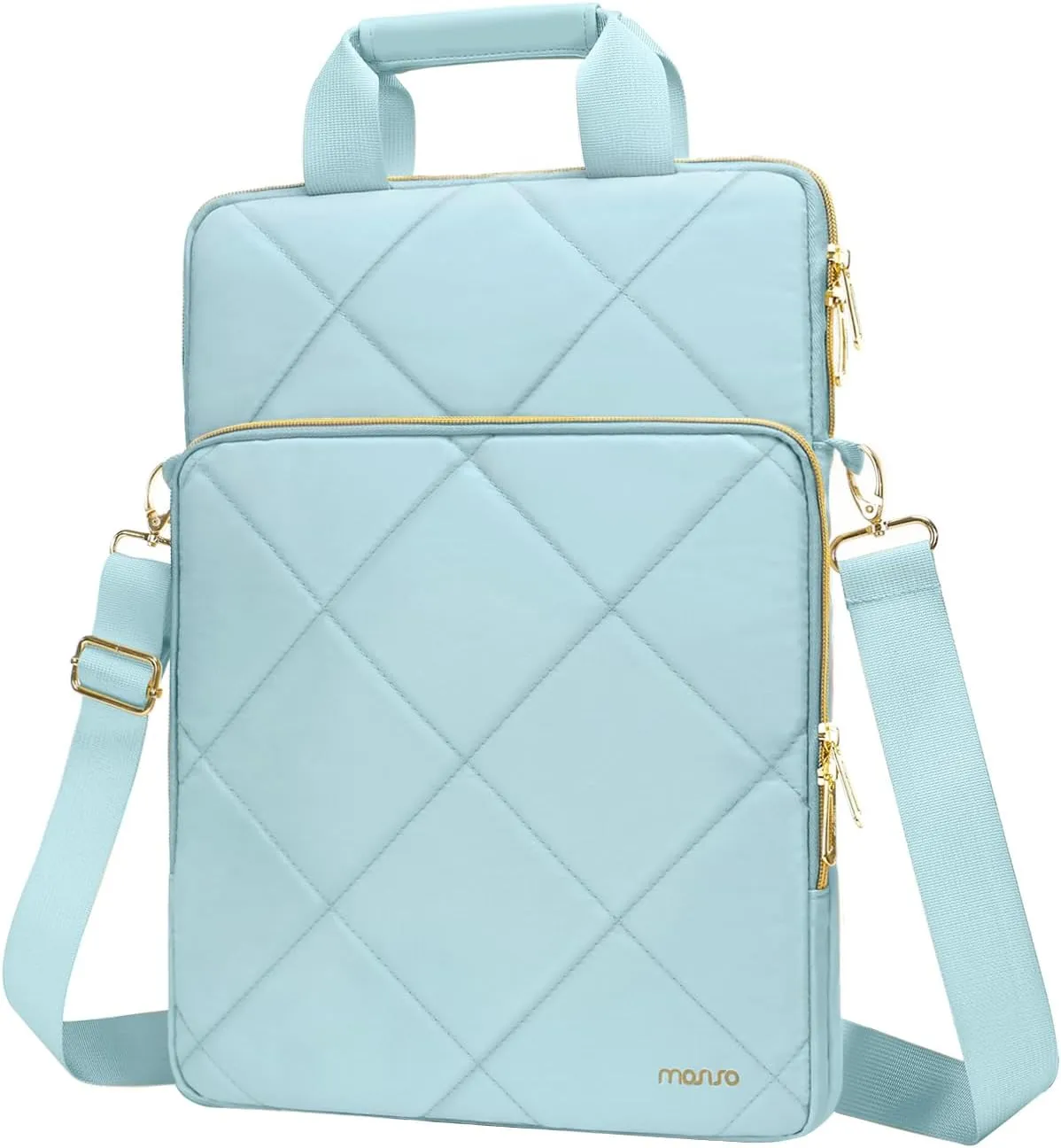 MOSISO Vertical Laptop Shoulder Bag,15-15.6 inch Computer Bag Compatible with MacBook 16 inch, HP, Dell, Lenovo, Asus Notebook,Rhombus Quilted Messenger Bag with Front Pocket&Handle&Belt, Ice Blue