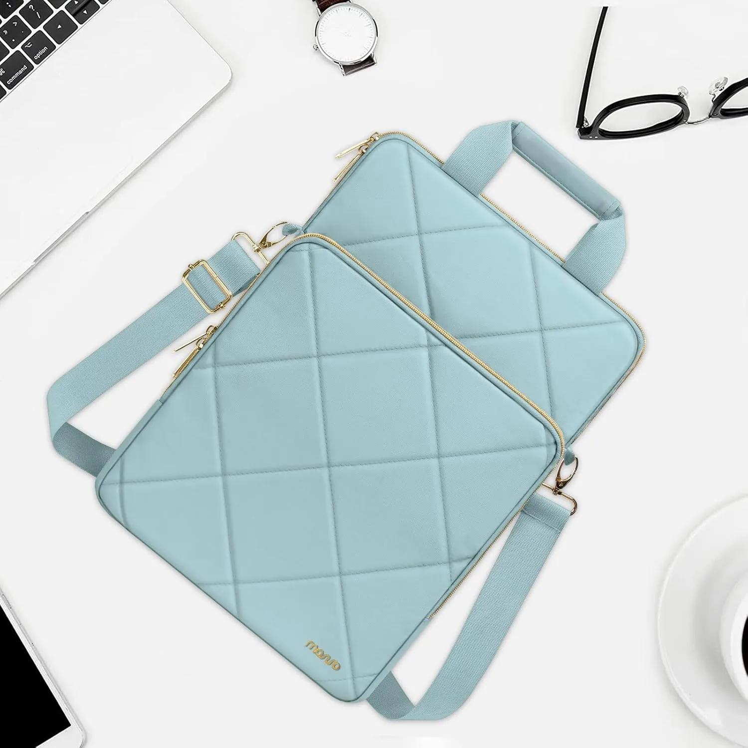 MOSISO Vertical Laptop Shoulder Bag,15-15.6 inch Computer Bag Compatible with MacBook 16 inch, HP, Dell, Lenovo, Asus Notebook,Rhombus Quilted Messenger Bag with Front Pocket&Handle&Belt, Ice Blue