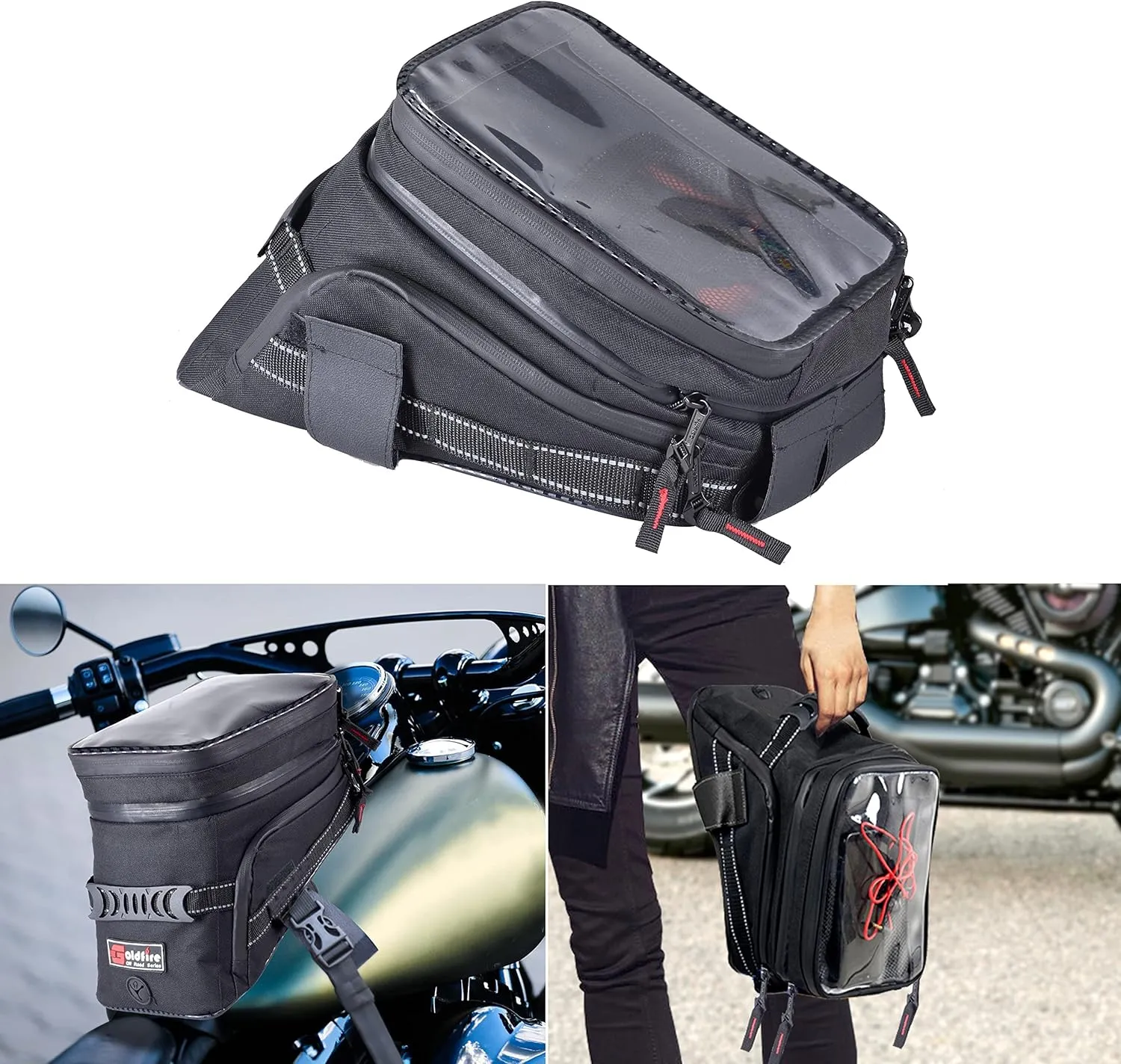 Motorcycle Tank Bag w/Strap Storage Bag Compatible with Honda Yamaha Suzuki Kawasaki Harley Water Resistant (Black)