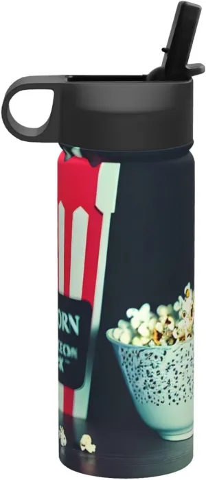 Movie Clapboard And Popcorn Print Flask Stainless Steel Water Bottle with Straw 18OZ FOR Outdoor Gym Commute
