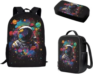Mumeson Astronaut Backpack Schoolbag Casual Daypacks Rucksack for Teen Casual Daily Daypack Set Insulated Thermal Lunch Bags Pencil Case Pencase Set 3 Pieces