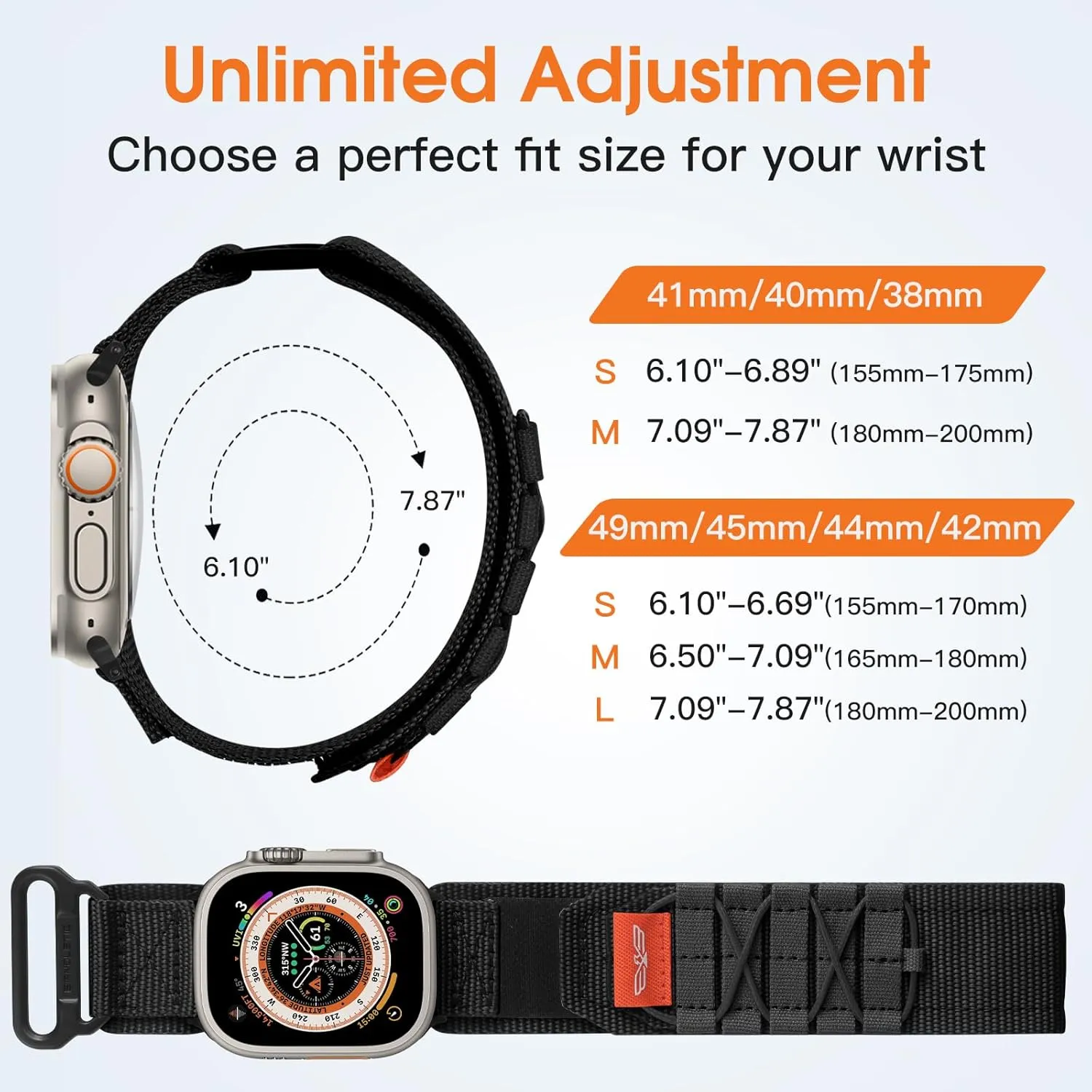 Nylon Bands Compatible with Apple Watch Ultra/Ultra 2 Band 49mm for Men 46mm 45mm 44mm 42mm(Series 3), Rugged Tactical Sport Strap for iWatch Ultra/Ultra 2/Series 10 9 SE 8 7 6 5 4, L-Black