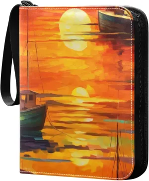 Oil Painting Boats Collectible Trading Card Albums,4-Pocket Card Binder with 50 Removable Sleeves with Zipper Game Card Collection Binder Album Holder