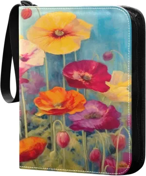 Oil Painting Flowers Collectible Trading Card Albums,4-Pocket Card Binder with 50 Removable Sleeves with Zipper Game Card Collection Binder Album Holder
