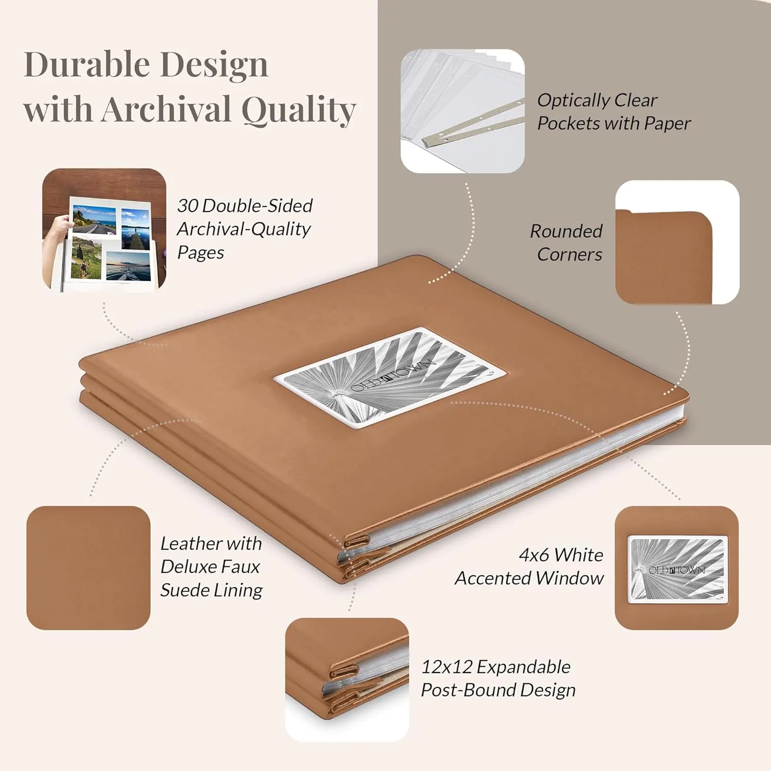 Old Town Bonded Leather Photo Album, Large Leather Scrapbook, Expandable Scrapbook Album 12x12 Double-Sided White Paper Pages and Optically Clear Pockets, Faux Suede Lining, Caramel