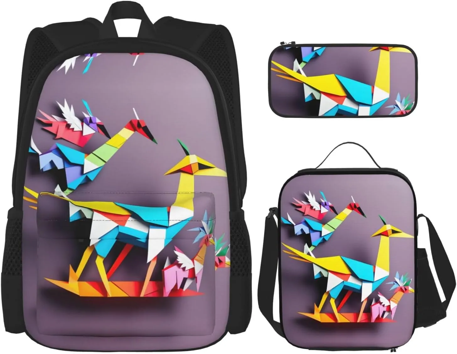 Origami Multicolor Papercraft Cranes 1 Print Stylish Travel Backpack And Lunch Box Set,600d Oxford Fabric,With Insulated Lunch Bag
