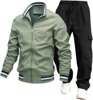 Overalls Suit for Mens 2 Piece Casual Stand Collar Full Zipper Long Sleeve Coat Cargo Pants Trendy Sport Running Set