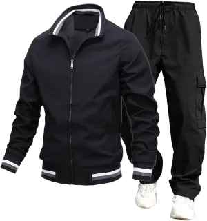 Overalls Suit for Mens 2 Piece Casual Stand Collar Full Zipper Long Sleeve Coat Cargo Pants Trendy Sport Running Set