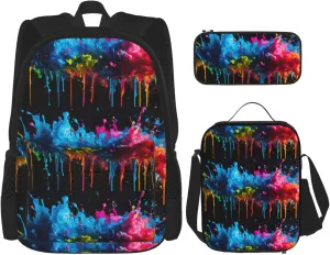 Paint Splatter Backdrop Print Unisex Stylish Travel Backpack Set With Insulated Lunch Bag,Adjustable Straps
