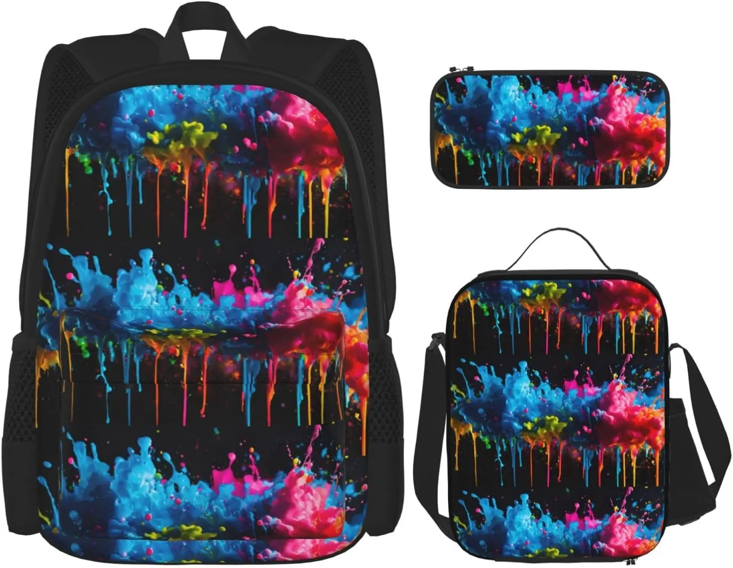 Paint Splatter Backdrop Print Unisex Stylish Travel Backpack Set With Insulated Lunch Bag,Adjustable Straps