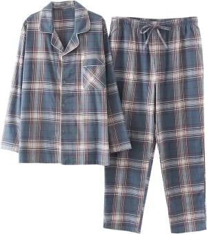 Pajama Set for Men Cotton Textured Lapel Button Down Long Sleeve Shirt Pants Casual Soft Loose Loungrwear with Pocket