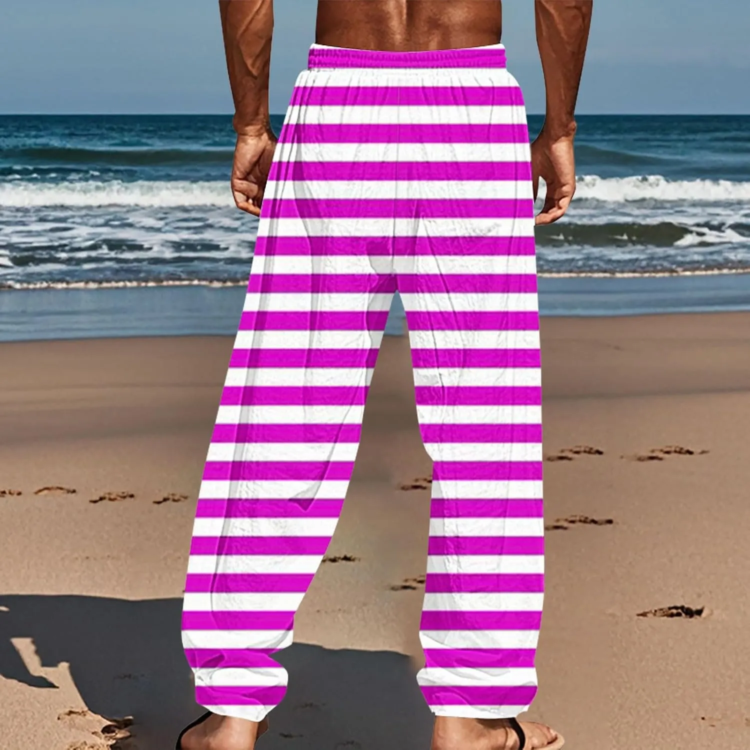 Pants for Men Casual Linen Stripe Camo Drawstring Wide Leg Trousers Loose Fit Breathable Hawaii Beach Vacation Pants