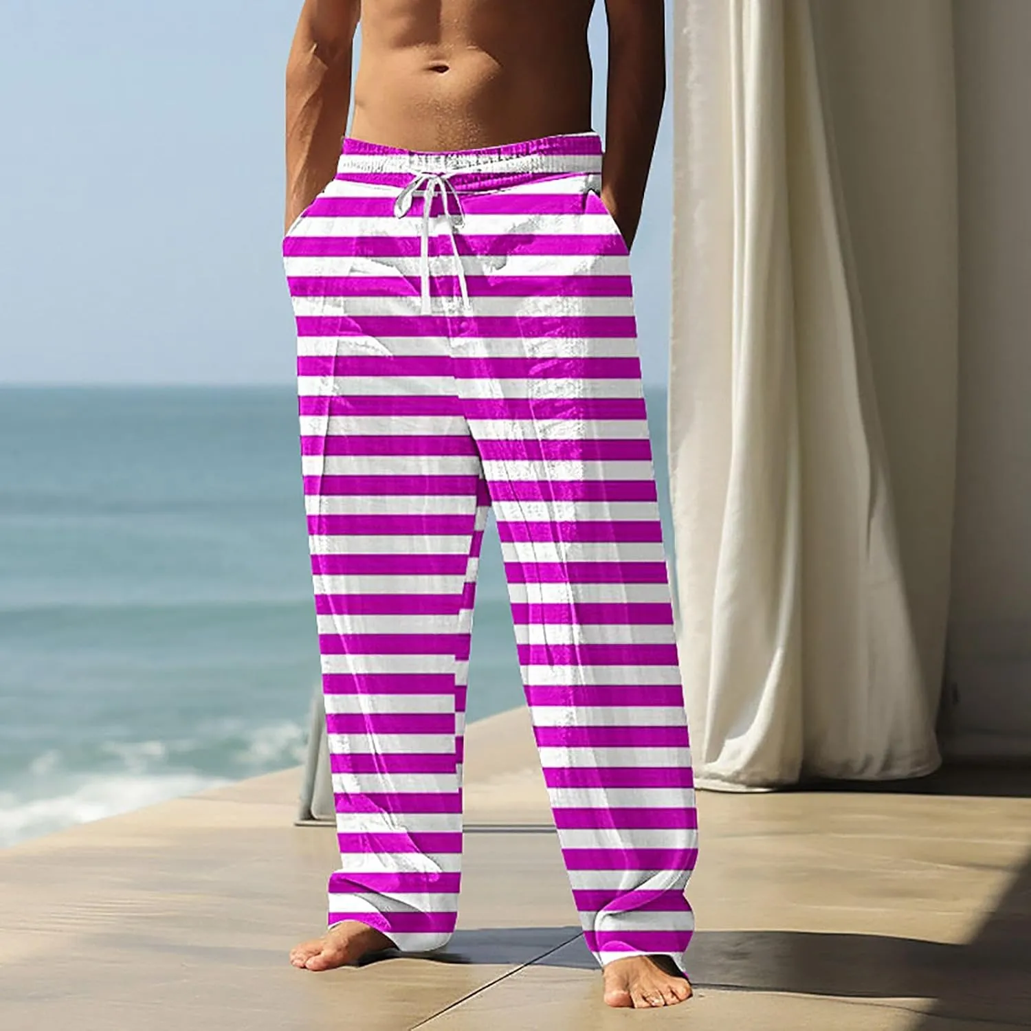 Pants for Men Casual Linen Stripe Camo Drawstring Wide Leg Trousers Loose Fit Breathable Hawaii Beach Vacation Pants