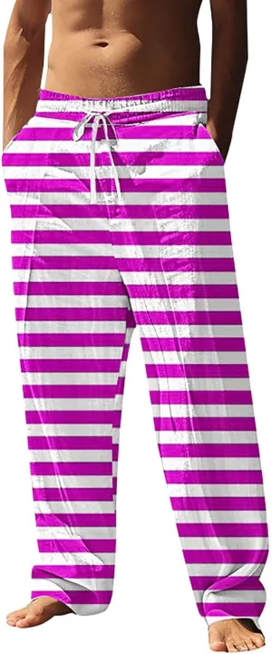 Pants for Men Casual Linen Stripe Camo Drawstring Wide Leg Trousers Loose Fit Breathable Hawaii Beach Vacation Pants