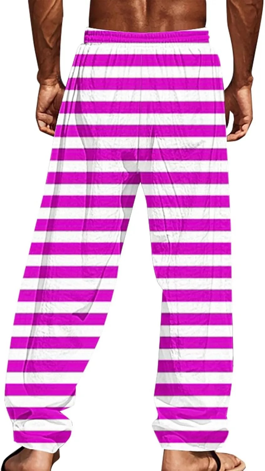 Pants for Men Casual Linen Stripe Camo Drawstring Wide Leg Trousers Loose Fit Breathable Hawaii Beach Vacation Pants