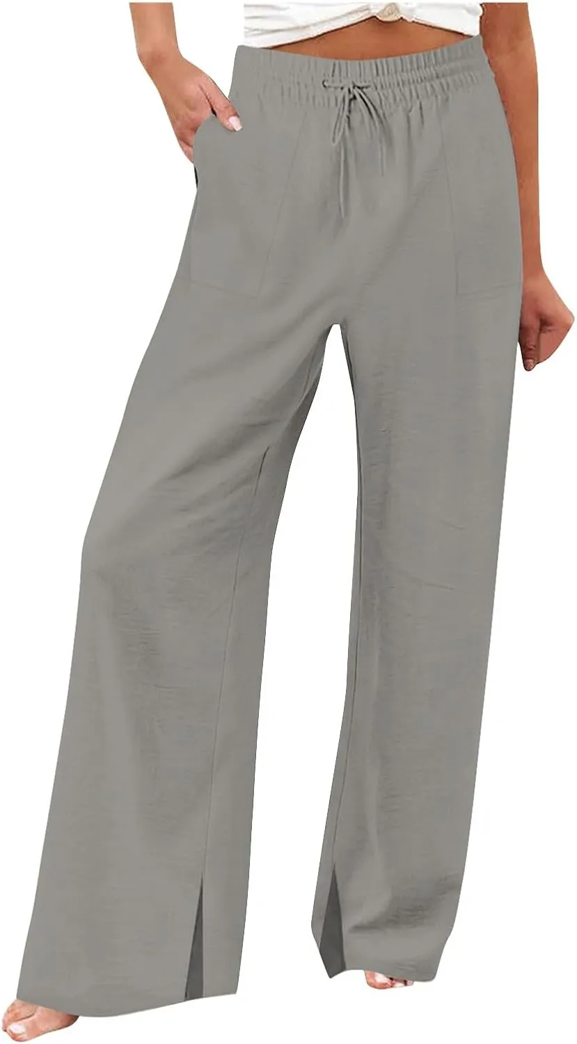 Pants for Women Workout Athletic High Waist Drawstring Palazzo Pants Casual Loose Side Slit Long Lounge Pants with Pockets