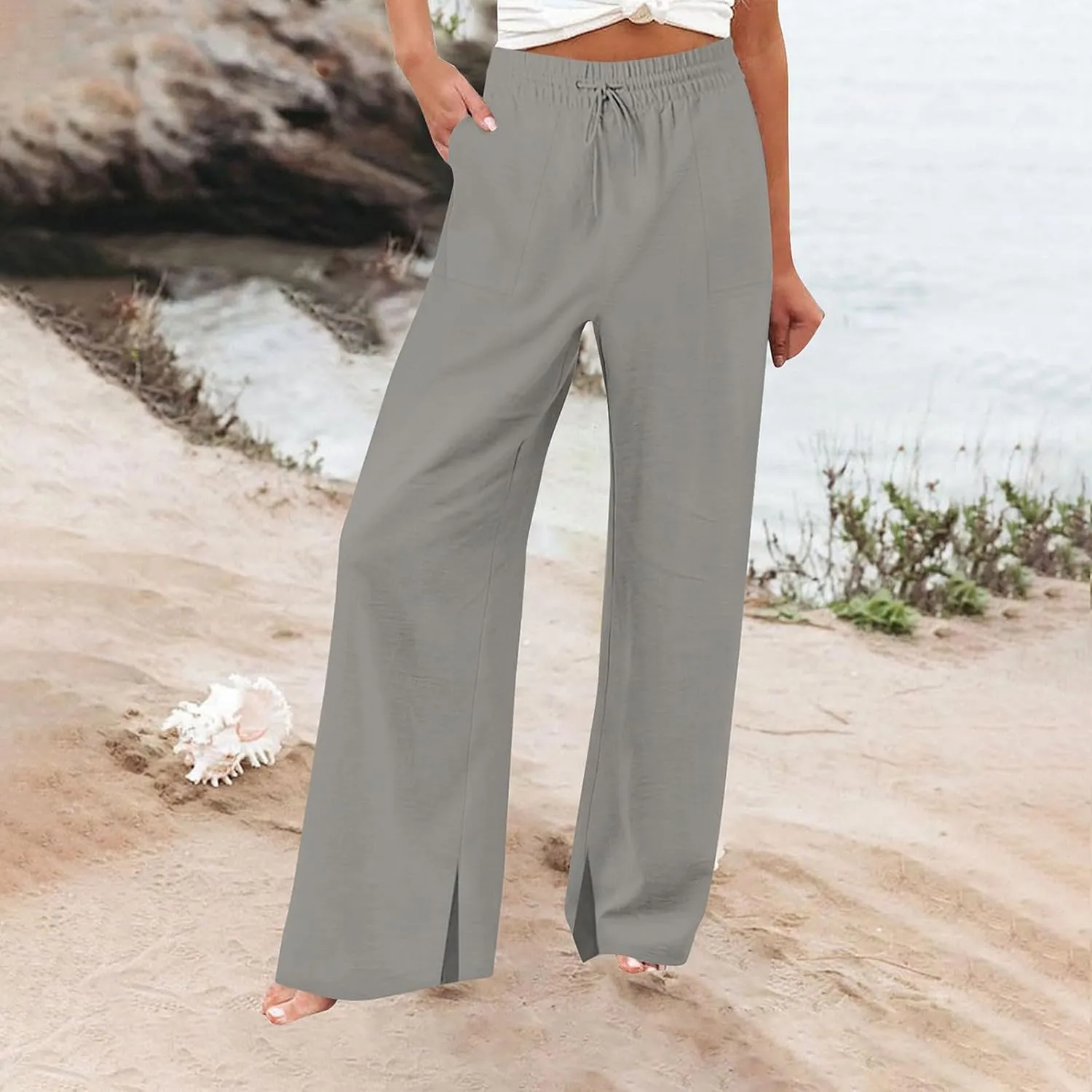 Pants for Women Workout Athletic High Waist Drawstring Palazzo Pants Casual Loose Side Slit Long Lounge Pants with Pockets