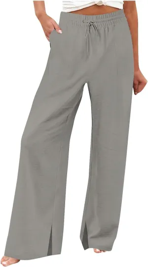 Pants for Women Workout Athletic High Waist Drawstring Palazzo Pants Casual Loose Side Slit Long Lounge Pants with Pockets