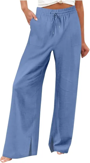 Pants for Women Workout Athletic High Waist Drawstring Palazzo Pants Casual Loose Side Slit Long Lounge Pants with Pockets