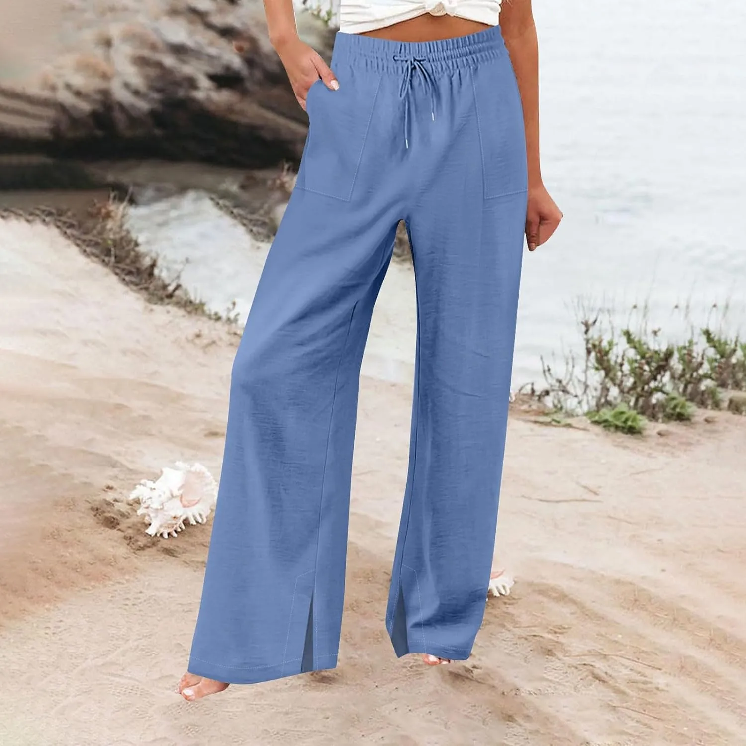 Pants for Women Workout Athletic High Waist Drawstring Palazzo Pants Casual Loose Side Slit Long Lounge Pants with Pockets