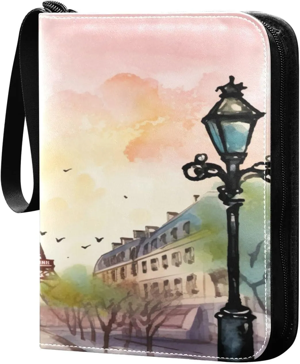 Paris Tower Painting Collectible Trading Card Albums,4-Pocket Card Binder with 50 Removable Sleeves with Zipper Game Card Collection Binder Album Holder