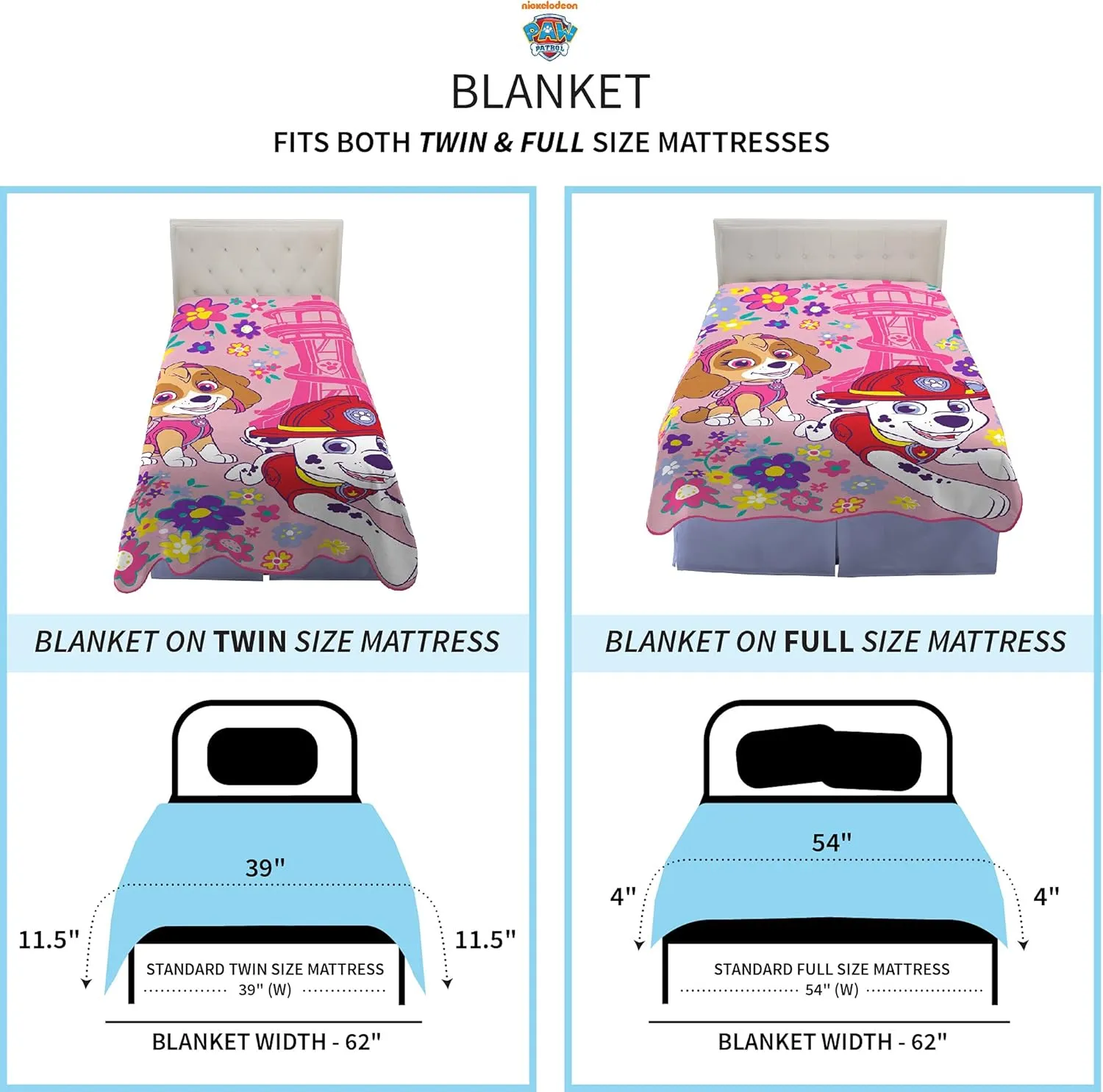 Paw Patrol Girls Kids Bedding Super Soft Plush Micro Raschel Blanket, 62 in x 90 in, (Official) Nickelodeon Product By Franco
