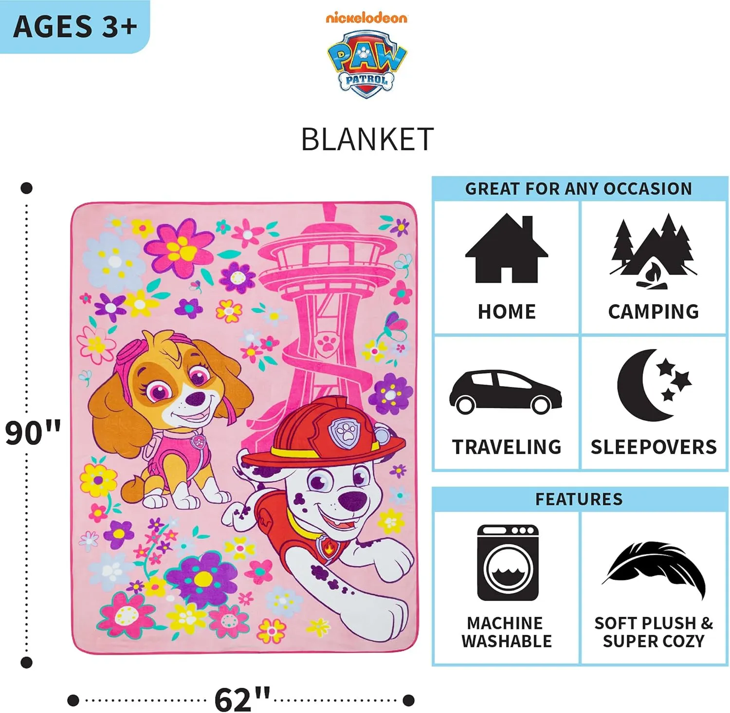 Paw Patrol Girls Kids Bedding Super Soft Plush Micro Raschel Blanket, 62 in x 90 in, (Official) Nickelodeon Product By Franco