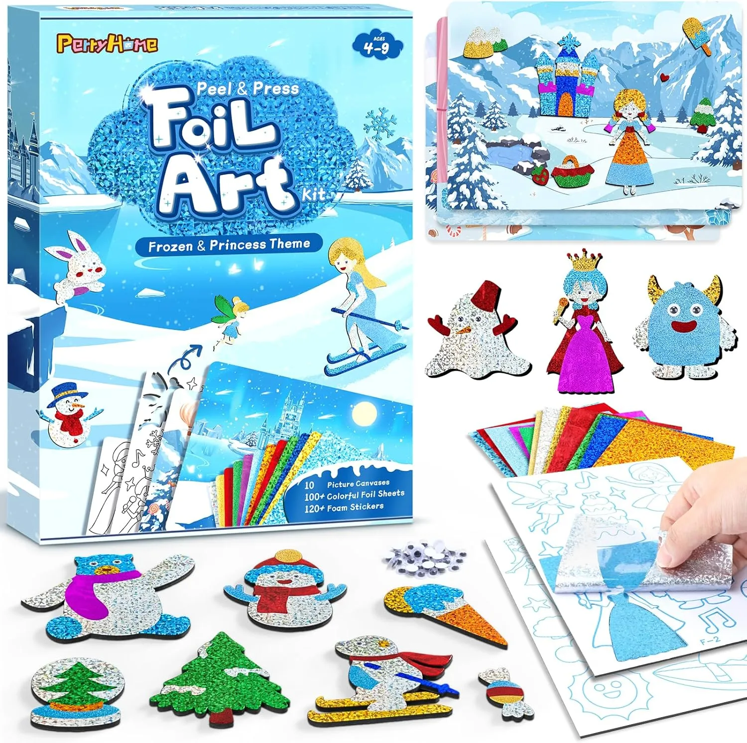 PERRYHOME Foil Arts & Crafts for Kids-DIY Frozen Fun Foil Art Kit Toys,Mess Free Coloring,Kids Car Airplane Travel Activities Toys,Birthday Christmas Gifts for Girls Children Toddler Ages 4-9